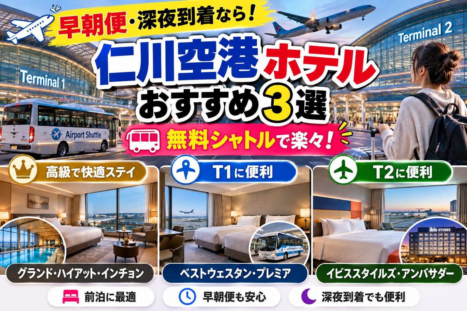 仁川空港ホテルおすすめ3選|無料シャトル・T1・T2の便利な宿を比較